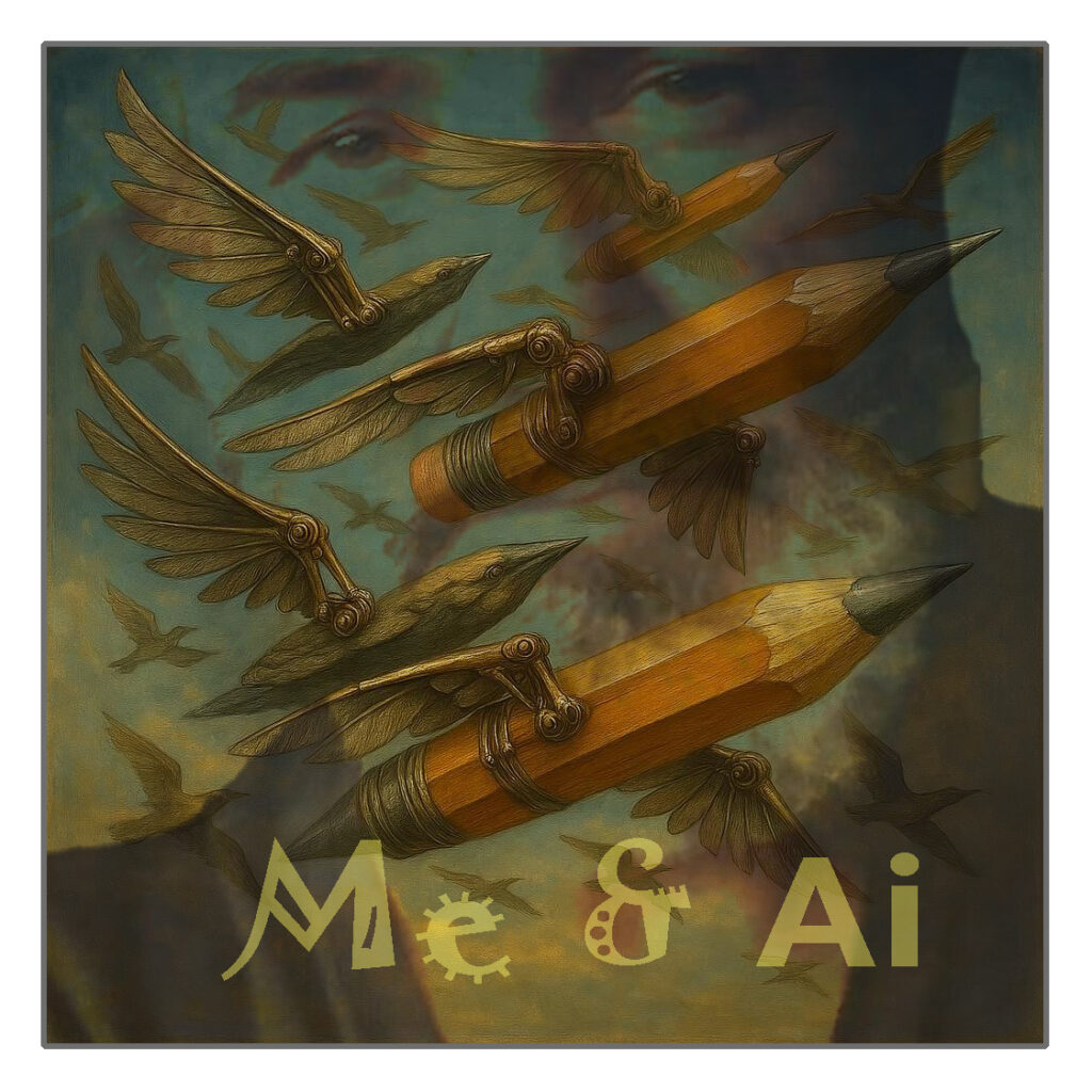 Flying pencils with mechanical bird wings illustration