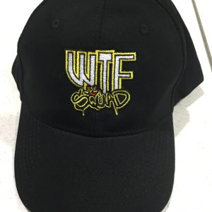 Black cap with yellow embroidered logo.