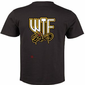 Black T-shirt with 'WTF Squad' graphic design.
