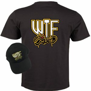 Black T-shirt and cap with 'WTF Squad' design.