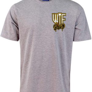 Grey t-shirt with bold graphic logo.