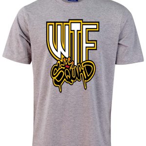 Grey T-shirt with 'WTF Squid' design.