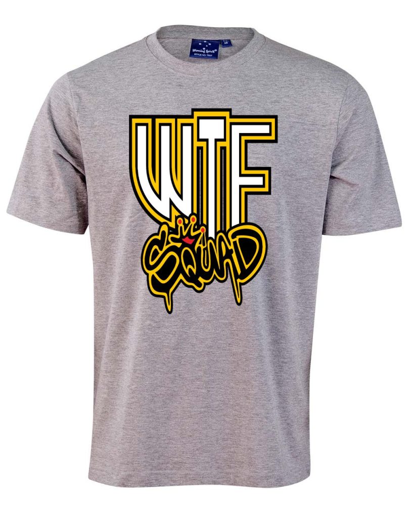 Grey T-shirt with 'WTF Squid' design.