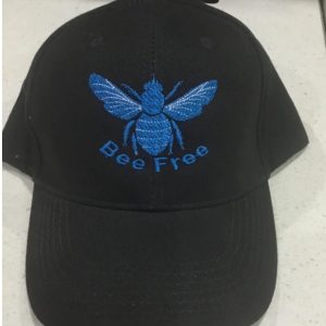 Black cap with blue bee embroidery, 'Bee Free'