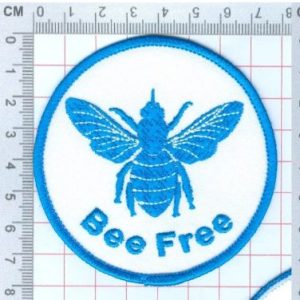 Circular patch with blue bee, 'Bee Free' text.