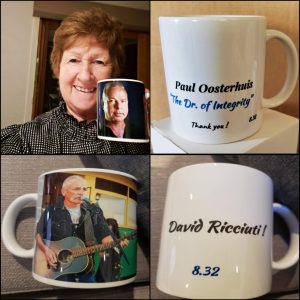 Custom mugs with photos and names.