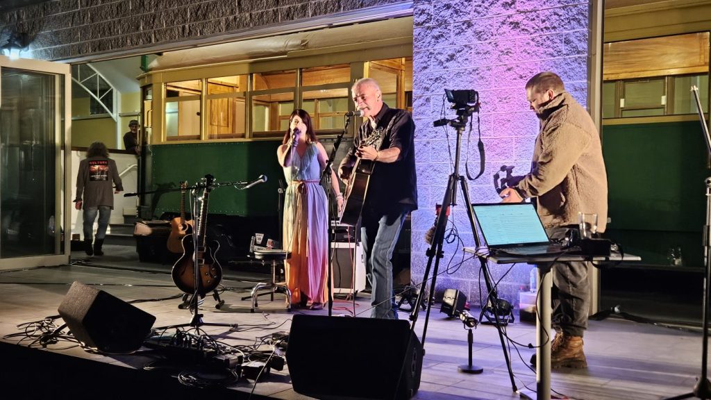 Live outdoor music performance at night event.