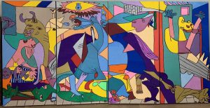 Colourful abstract painting with various figures and shapes.