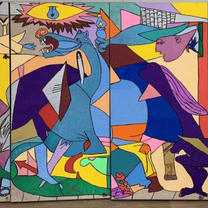 Colourful abstract painting with various figures and shapes.
