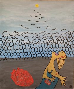 Abstract person with heart, fence, and birds in sky.