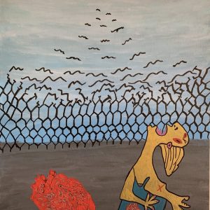 Abstract person with heart, fence, and birds in sky.