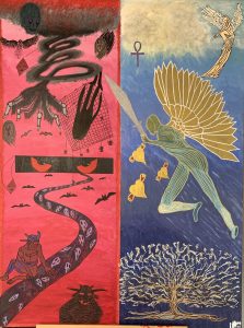 Surreal artwork depicting dual themes of chaos and peace.