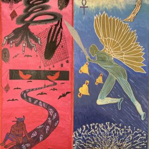 Surreal artwork depicting dual themes of chaos and peace.