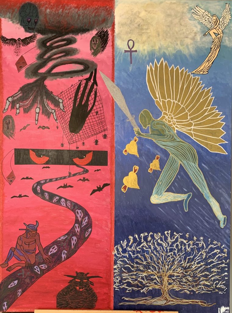Surreal artwork depicting dual themes of chaos and peace.