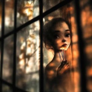 Child holding matches by window, sepia tones.