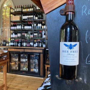 Bee Free Shiraz wine on display in a shop.