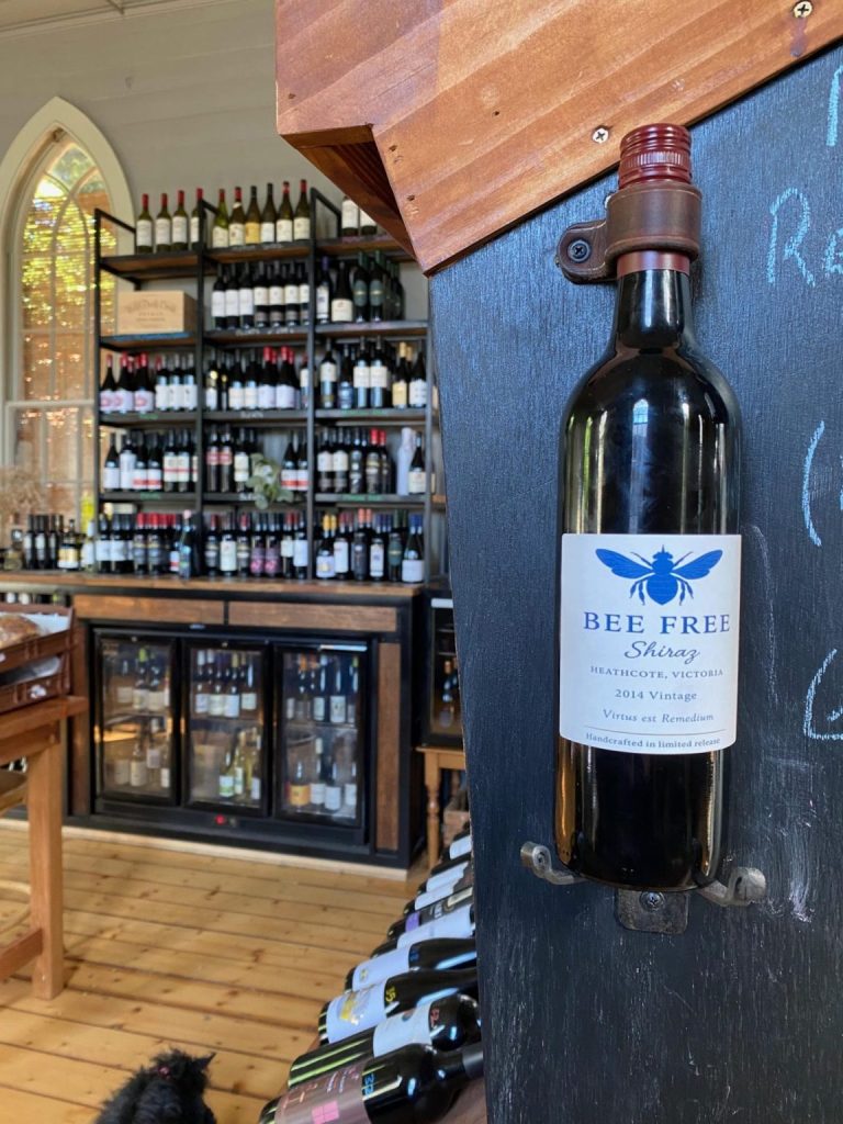 Bee Free Shiraz wine on display in a shop.