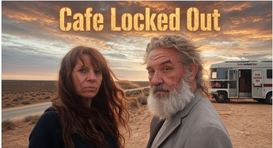 Two people beside a locked café van at sunset