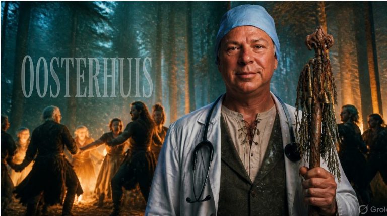 Doctor holding staff before a forest fire ritual