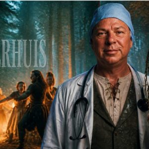 Doctor holding ceremonial staff before forest fire dancers
