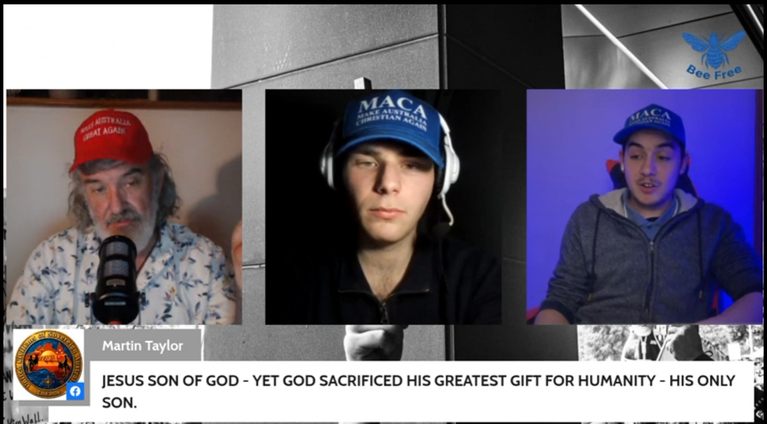 Three men in caps speaking on a livestream panel