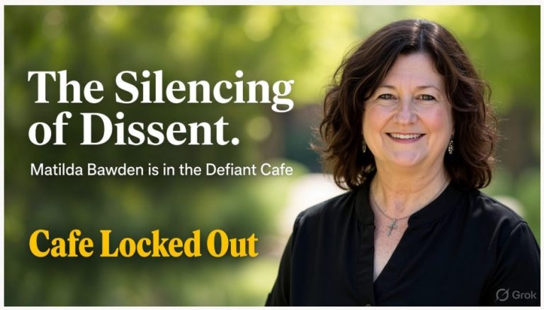 Portrait of Matilda Bawden beside dissent-themed event text