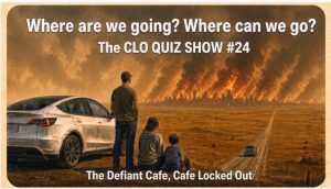 Family watches burning city beside electric car