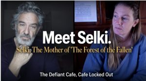 Split-screen portrait introducing Selki, mother of The Forest of the Fallen