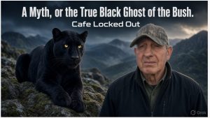 Black panther beside man in misty mountain bushland