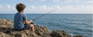 Child fishing from rocky shore beside calm blue sea
