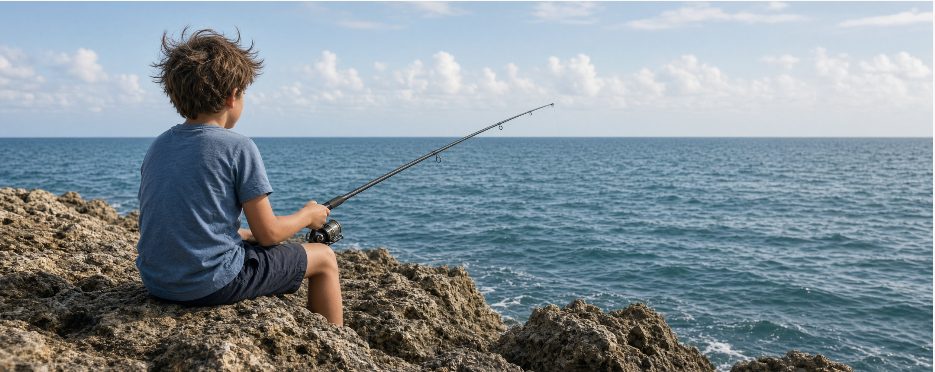 Boy fishing from rocky shore beside calm ocean